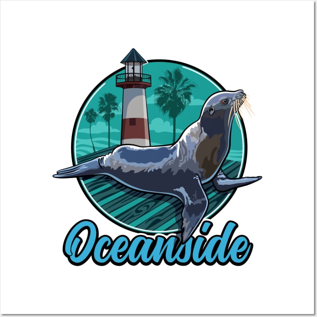 California Sea Lion at Oceanside with Palm trees and Lighthouse Wall Art by SuburbanCowboy